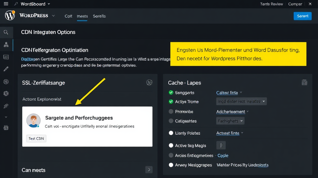 Grafische Darstellung eines WordPress-Dashboards mit CDN-Integrationsoptionen, SSL-Zertifikatsanzeige und Cache-Einstellungen zur Performance-Optimierung.