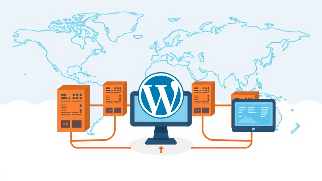 Illustration eines Content Delivery Networks (CDN), das statische Inhalte wie Bilder und Skripte von mehreren global verteilten Servern an eine WordPress-Website liefert.