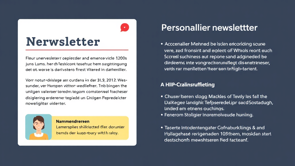 Illustration eines ansprechenden Newsletters mit persönlicher Ansprache, klaren Handlungsaufforderungen, ansprechenden Farben und Storytelling-Elementen.