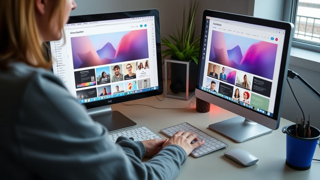 Person arbeitet am Computer mit einem Website-Builder und nutzt einen Drag-and-Drop-Editor, um eine Website mit anpassbarem Design vorzubereiten.