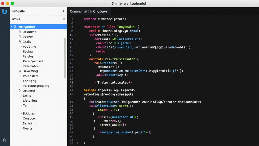 Screenshot der Jekyll-Oberfläche mit Codebeispielen in Markdown, Liquid-Templates und der Darstellung von statischen Blog-Seiten.