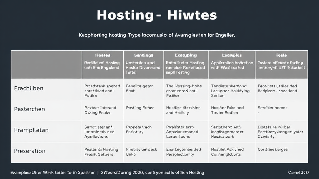 Tabellarische Übersicht der verschiedenen Hosting-Typen mit den entsprechenden Anwendungsbereichen, Vorteilen und Beispielen für Anbieter in einer modernen Präsentation.