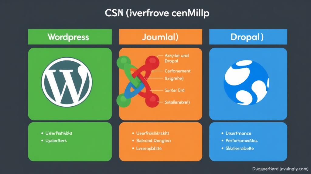 Vergleich von drei CMS: WordPress, Joomla und Drupal, dargestellt durch Diagramme, die Benutzerfreundlichkeit, Performance und Skalierbarkeit der Systeme zeigen.