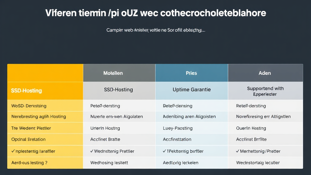 Vergleich von vier Webhosting-Anbietern mit Preisangaben, Leistungen wie SSD-Hosting, Uptime-Garantie und Supportoptionen in einer Tabelle.