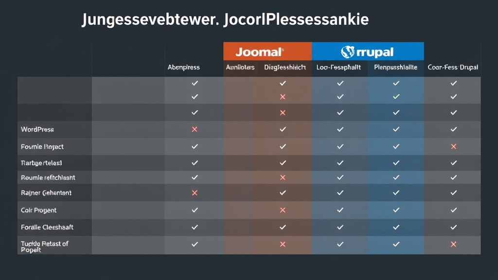 Vergleichstabelle von WordPress, Joomla und Drupal, die deren Anpassungsfähigkeit, Benutzerfreundlichkeit, verfügbare Erweiterungen und Eignung für Projekte zeigt.
