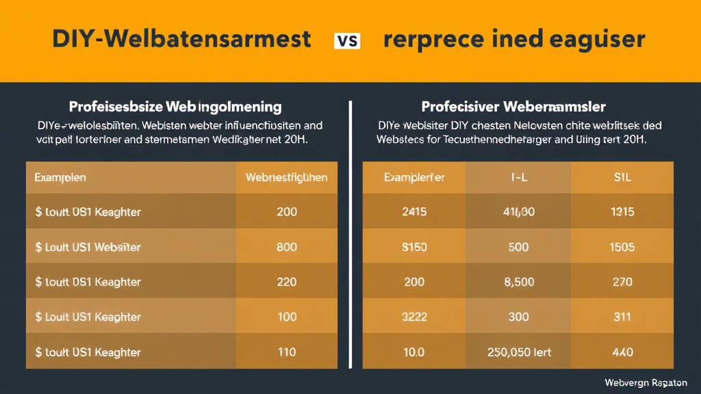 Visualisierung des Vergleichs zwischen DIY-Website-Baukästen und professioneller Webentwicklung, mit Kostenaufstellung und Beispielen für Webseiten-Typen.