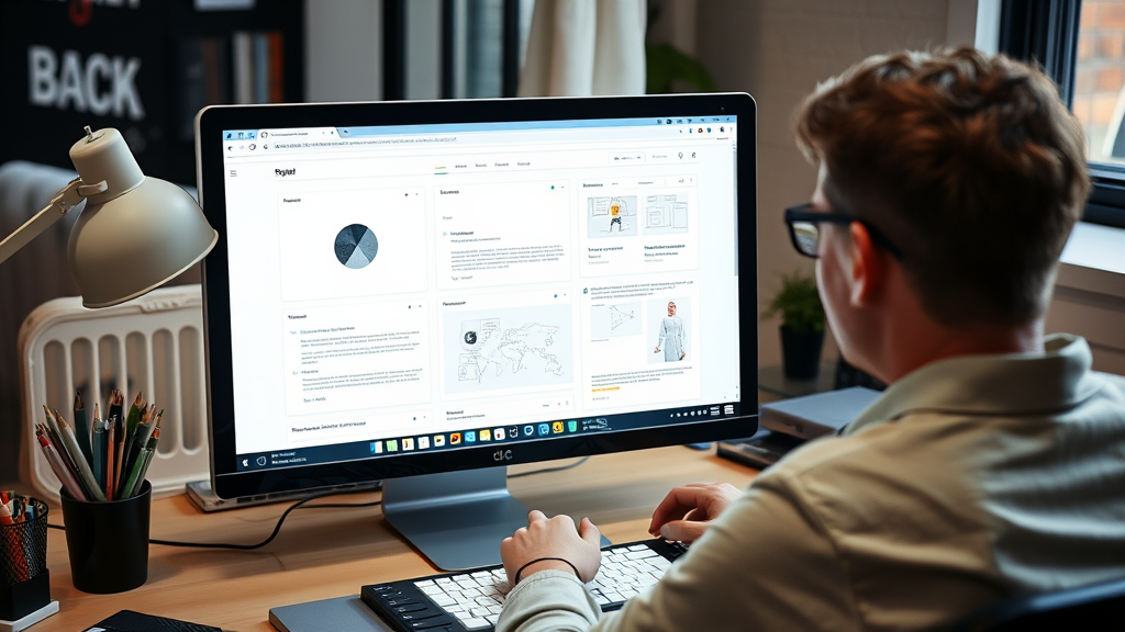 Webdesigner arbeitet an einem Computer, erstellt Wireframes und Mockups für Websites, um ansprechende und benutzerfreundliche Designs zu entwickeln.