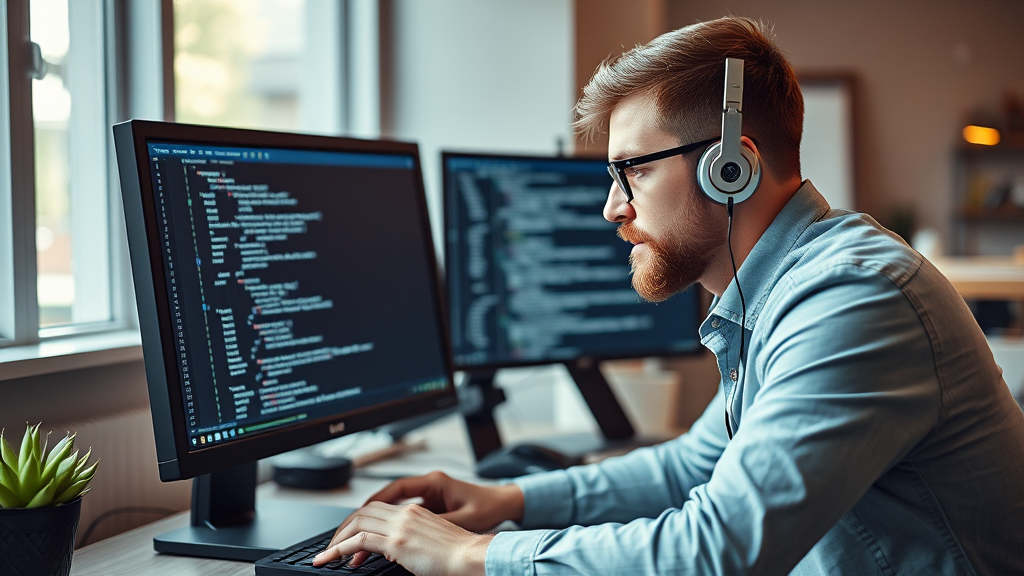 Webentwickler bei der Arbeit am Computer, Programmierung mit HTML, CSS und JavaScript, um eine moderne Website zu erstellen.