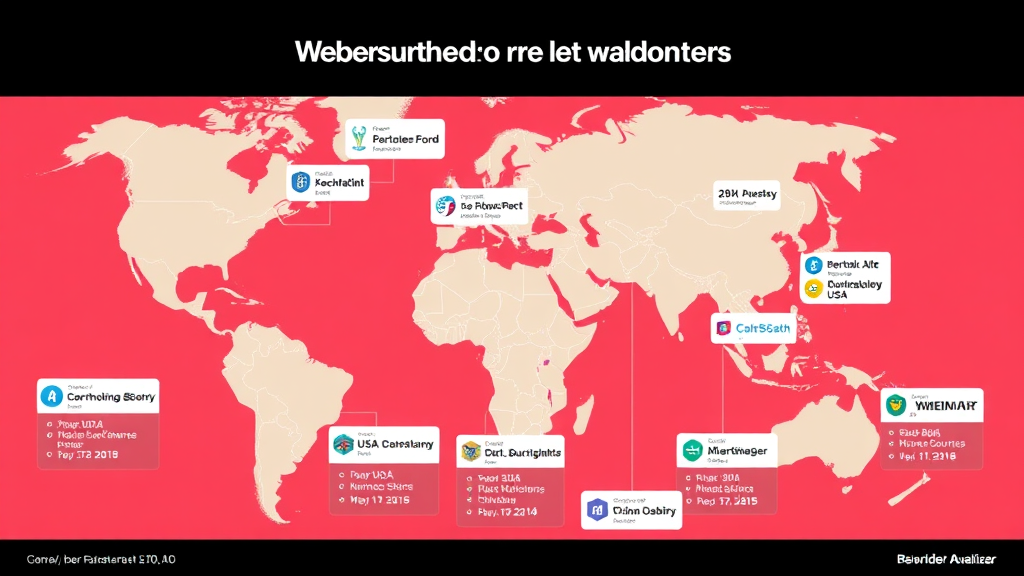 Weltkarte, die die Marktanteile von Webhosting in Ländern wie den USA, Deutschland und China hervorhebt, mit statistischen Daten und Logos führender Anbieter.