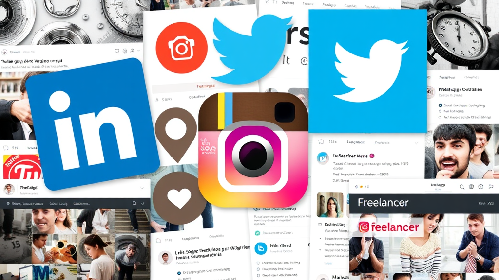 Collage von Logos der sozialen Netzwerke LinkedIn, Twitter und Instagram, umgeben von Screenshots von Webdesign-Portfolios und Suchergebnissen für Freelancer.