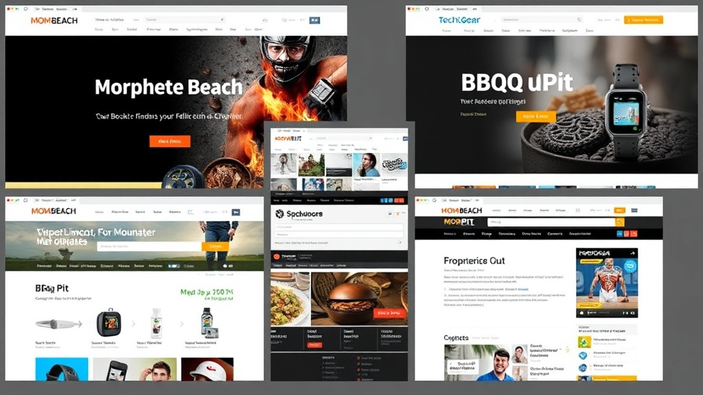 Collage von Screenshots erfolgreicher Affiliate-Marketing-Webseiten, einschließlich Mom Beach, BBQPit und TechGear, die Produkte und Inhalte präsentieren.