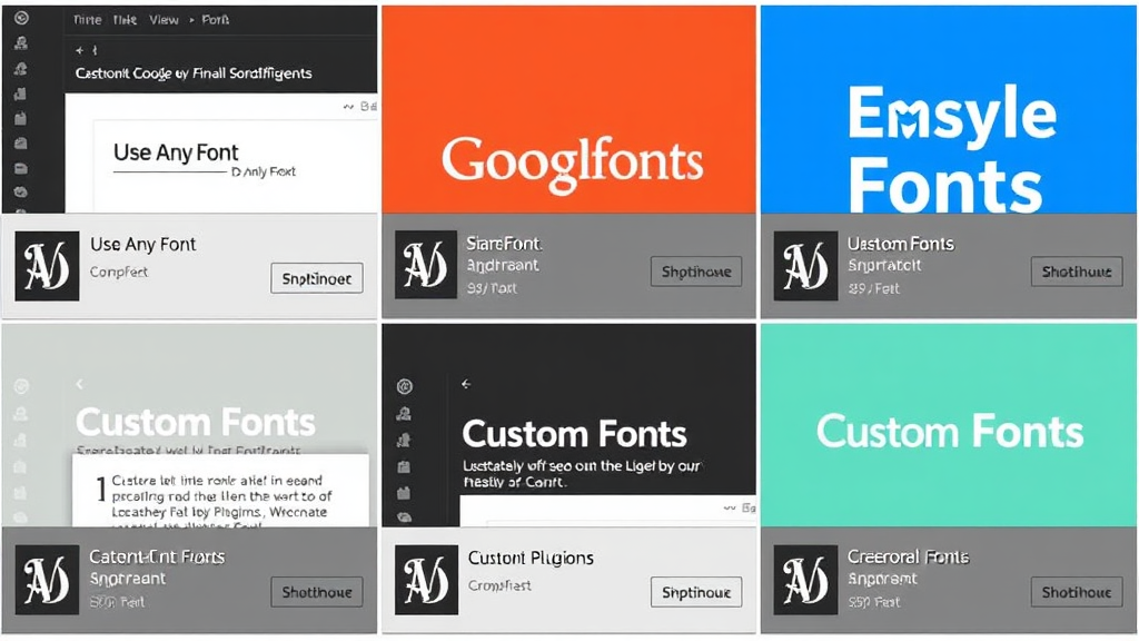 Collage von WordPress-Plugins zur Schriftartenintegration, darunter Use Any Font, Easy Google Fonts und Custom Fonts, mit Benutzeroberflächen und Schriftbeispielen.