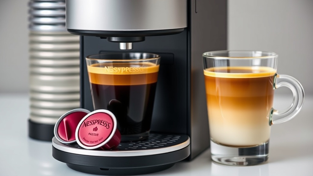 Elegante Nespresso-Maschine mit Kaffeekapseln und einem gefüllten Glas Kaffee, das den luxuriösen Kaffeegenuss und die hochwertige Präsentation betont.
