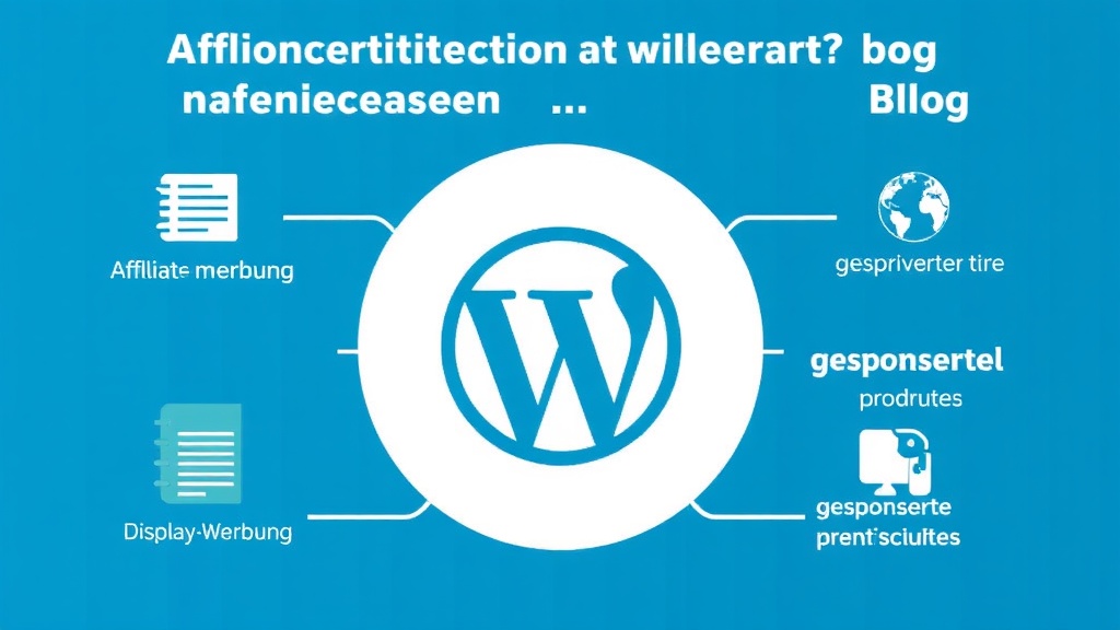 Grafik, die verschiedene Monetarisierungsstrategien für WordPress-Blogs darstellt: Affiliate-Marketing, Display-Werbung, Verkauf digitaler Produkte und gesponserte Beiträge.