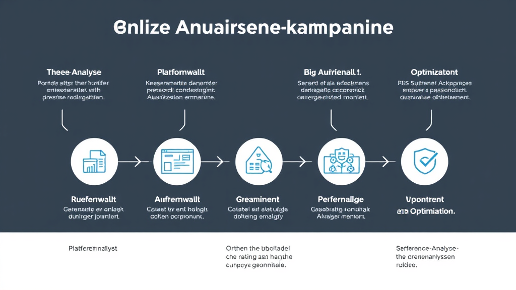 Grafik einer Online-Anzeigenkampagne zeigt die Schritte von Zielgruppenanalyse über Plattformwahl, Anzeigengestaltung bis zur Performance-Analyse und Optimierung.