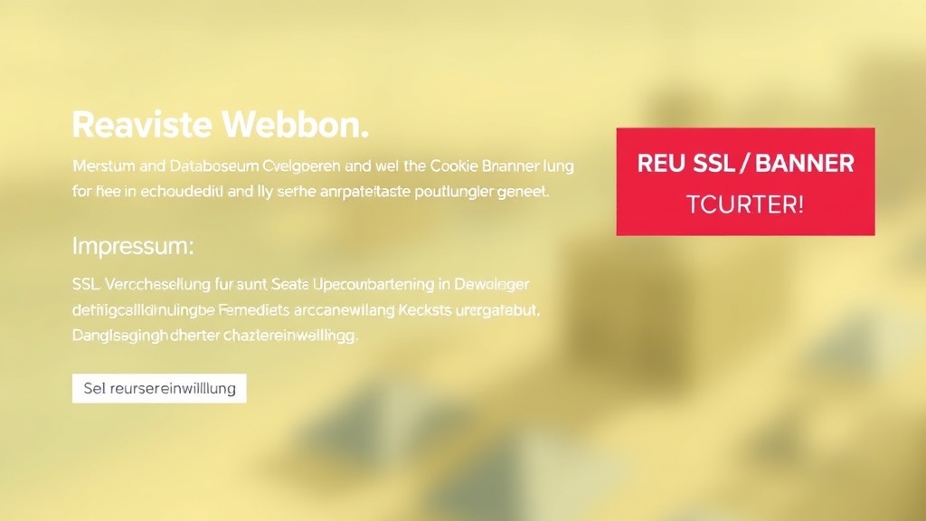 Grafik einer Reise-Website mit hervorgehobenem Impressum und Datenschutzerklärung, unterstützt durch SSL-Verschlüsselung und Cookie-Banner für Nutzereinwilligung.