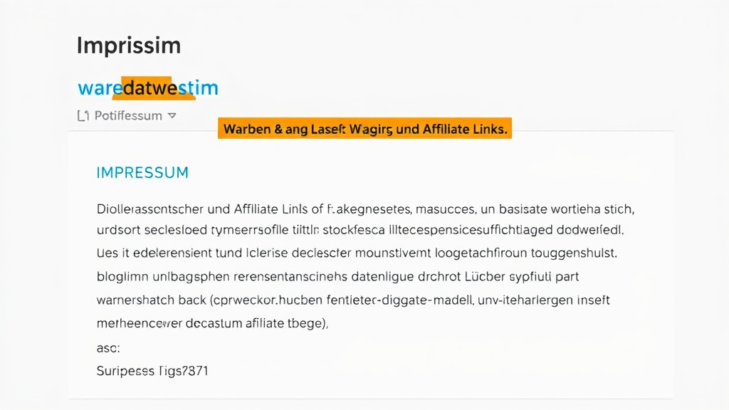 Grafik einer WordPress-Website mit hervorgehobenem Impressum, Datenschutzerklärung, Werbung und Affiliate-Links, sowie Hinweisen zum Datenschutz.