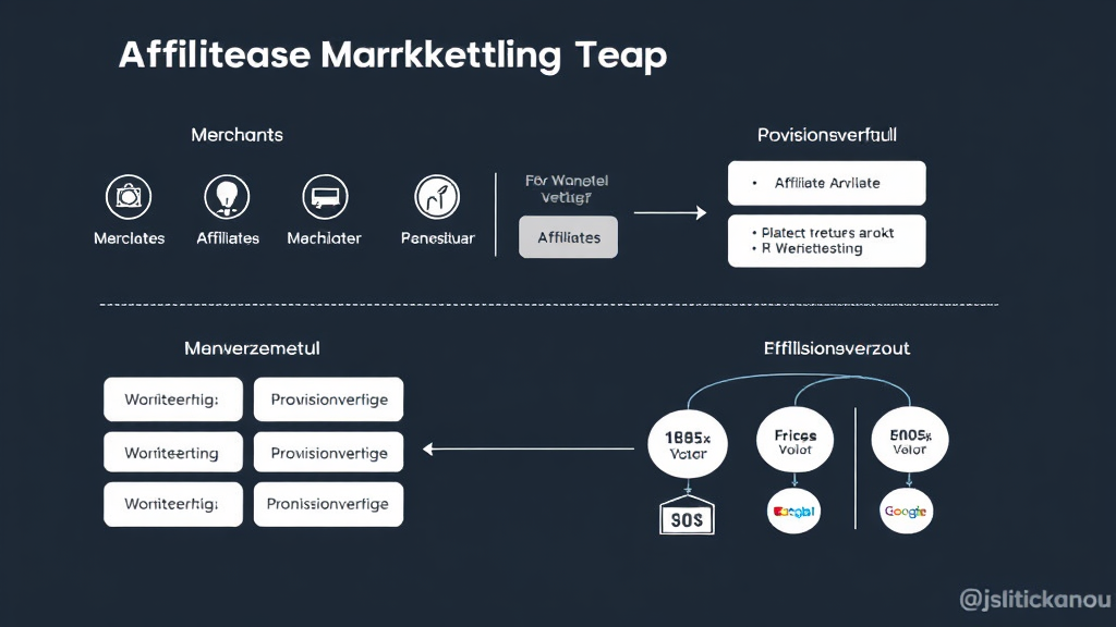 Grafik eines Affiliate-Marketing-Prozesses, die Merchants, Affiliates und Affiliate-Netzwerke zeigt, inklusive Werbemittel und Provisionsverlauf.