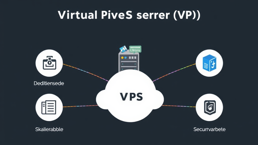 Grafik eines Virtual Private Servers (VPS) mit Diagramm, das dedizierte Ressourcen, Skalierbarkeit und Sicherheitsvorteile für Webhosting zeigt.