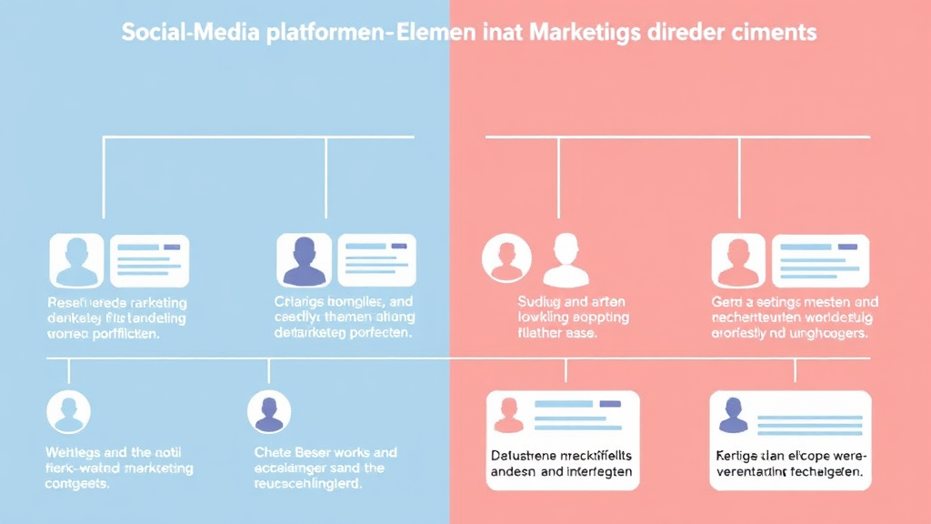 Grafik zeigt verschiedene Social-Media-Plattformen, die für Marketingstrategien genutzt werden, und Elemente wie Profilbilder, Inhalte und Interaktionen.