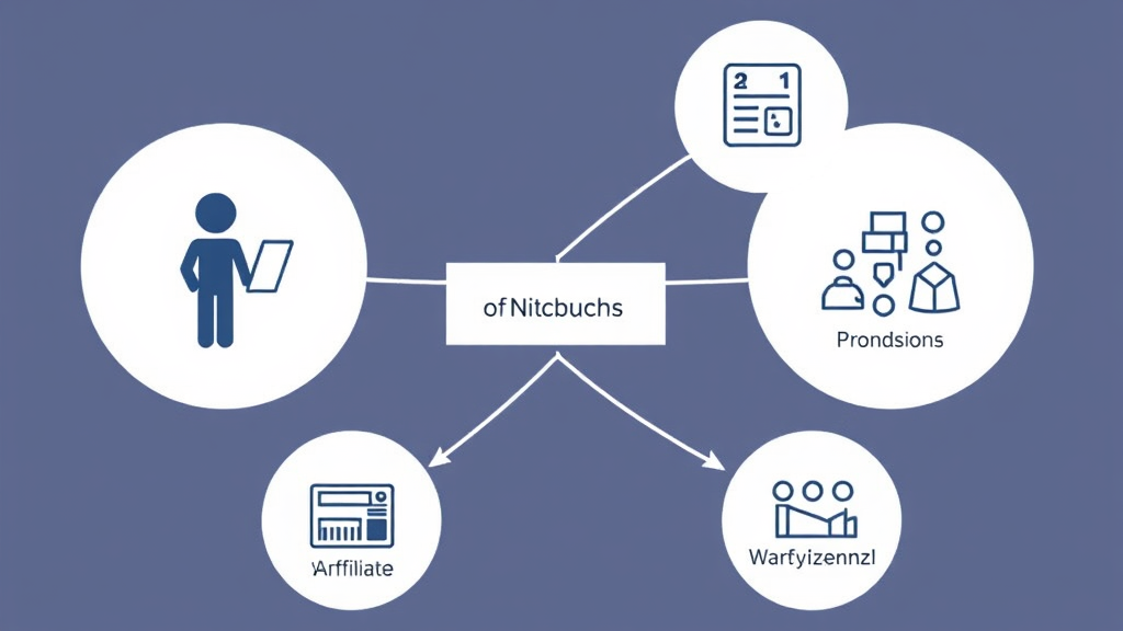 Illustration der Zusammenarbeit im Affiliate-Marketing zwischen Merchant, Affiliate und Affiliate-Netzwerk, mit Symbolen für Produkte, Werbung und Provisionszahlungen.