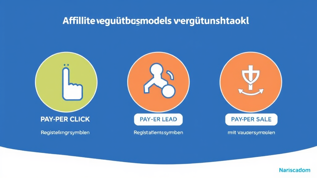 Illustration der drei gängigsten Affiliate-Marketing-Vergütungsmodelle: Pay-per-Click mit Klick-Icons, Pay-per-Lead mit Registrierungssymbolen und Pay-per-Sale mit Verkaufssymbolen.