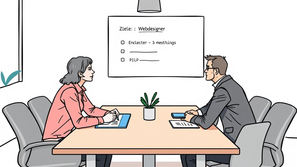 Illustration eines Meetings zwischen einem Auftraggeber und einem Webdesigner, bei dem Ziele, Anforderungen und Projektstatus besprochen werden.