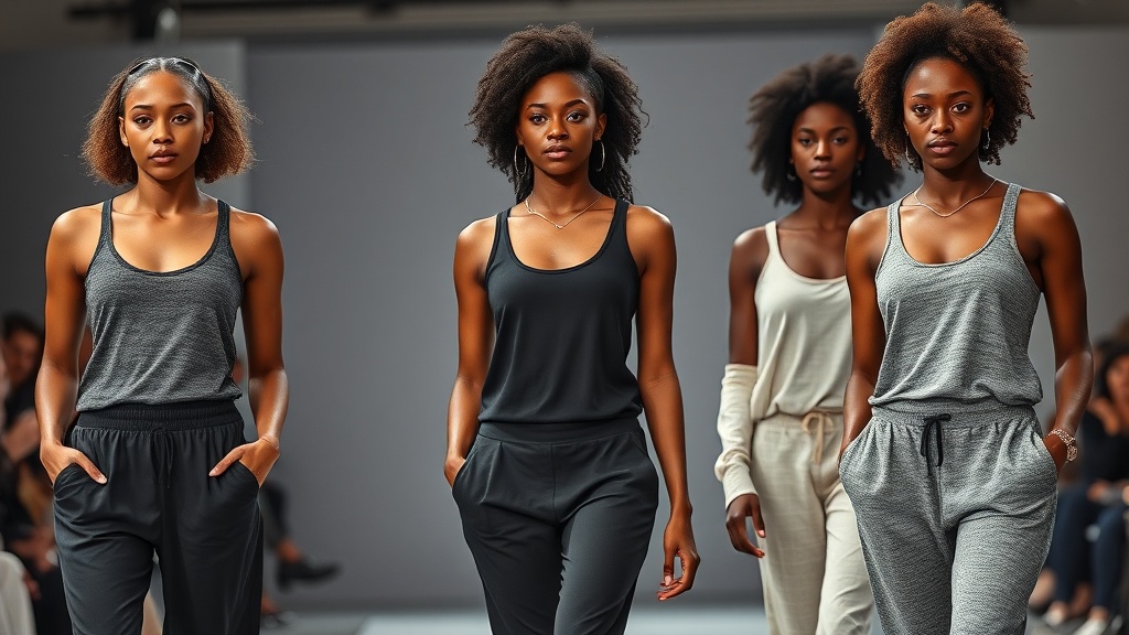 Modenschau mit Models, die stilvolle Athleisure-Kleidung der Marke Jolie Noire tragen, die Vielfalt und Repräsentation schwarzer Frauen feiert.