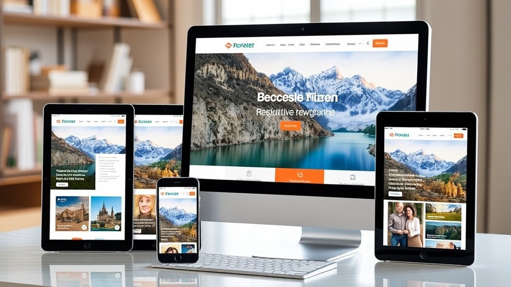 Moderne Reise-Website auf verschiedenen Geräten, zeigt responsives Design, intuitive Navigation mit klaren Menüs und schnell ladende Inhalte für optimale Nutzererfahrung.