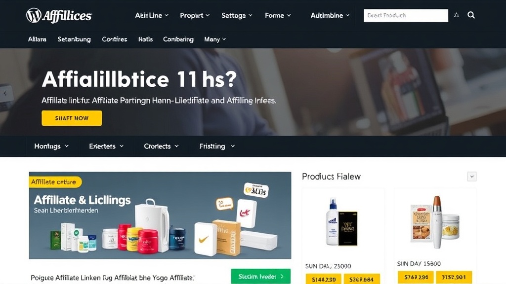 Screenshot einer WordPress-Website, die Affiliate-Links zu verschiedenen Produkten enthält, mit ansprechenden Banneranzeigen und optimierten Produktboxen.