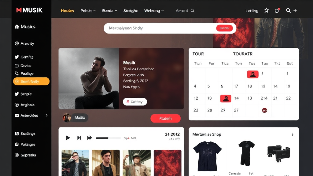 Screenshot einer modernen Musik-Website mit integriertem Musik-Player, Kalender für Tourdaten und Merchandise-Shop, begleitet von Bildern und sozialen Medien-Links.