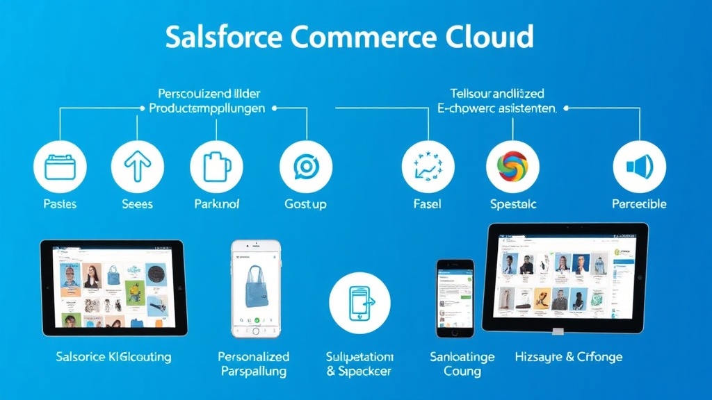 Visualisierung der Salesforce Commerce Cloud mit KI-Funktionen, einschließlich personalisierter Produktempfehlungen und einem sprachgesteuerten Einkaufsassistenten auf verschiedenen Geräten.