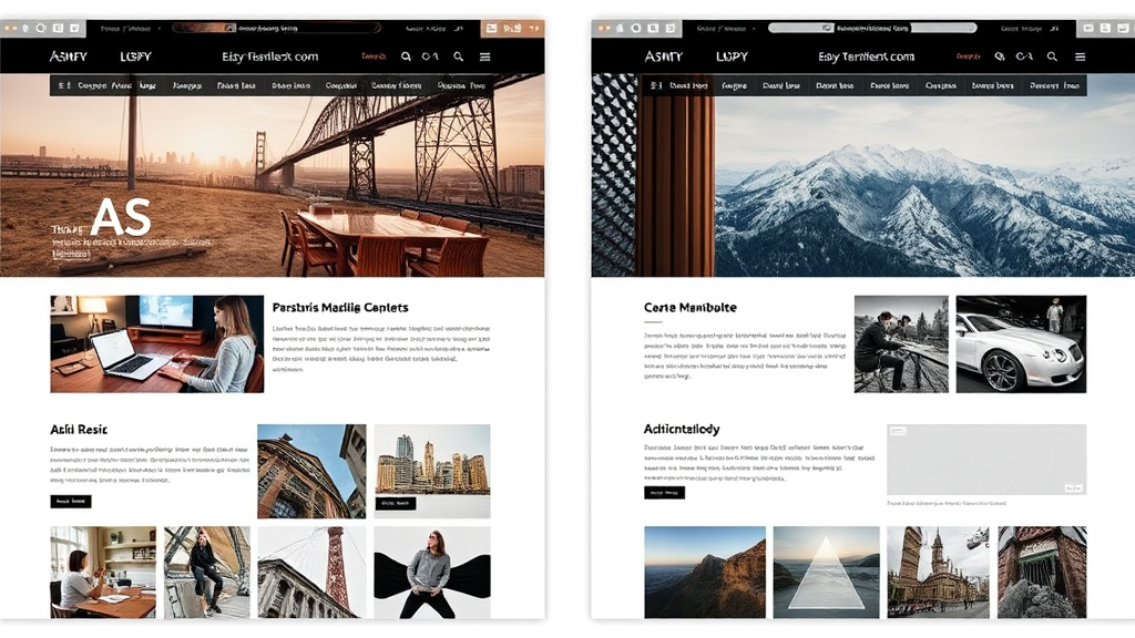 Visuelle Darstellung eines asymmetrischen Weblayouts mit ungleichmäßiger Anordnung von Bildern und Texten, die Dynamik und kreative Markenidentität betont.