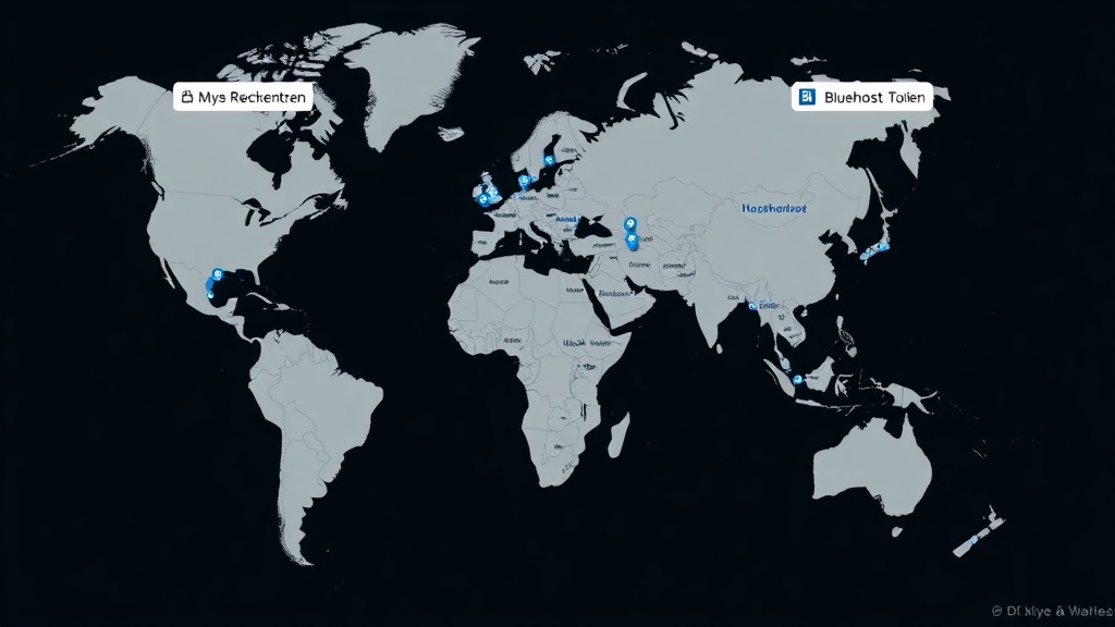 Weltkarte mit markierten Rechenzentren von Hostinger und Bluehost, showing geografische Verteilung zur Optimierung der Website-Ladegeschwindigkeit je nach Zielgruppe.