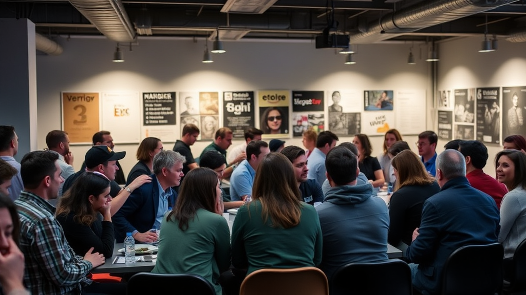 Zusammenkunft von Designern in San Francisco bei einem Meetup, das Networking und Austausch über Webdesign fördert, mit kreativen Arbeitsmaterialien im Hintergrund.