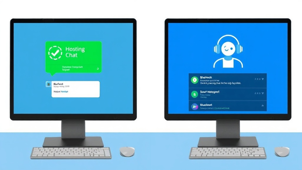Zwei Computerbildschirme, einer zeigt den Live-Chat-Support von Hostinger, der andere den telefonischen Support von Bluehost, beide mit Supportanfragen auf dem Bildschirm.