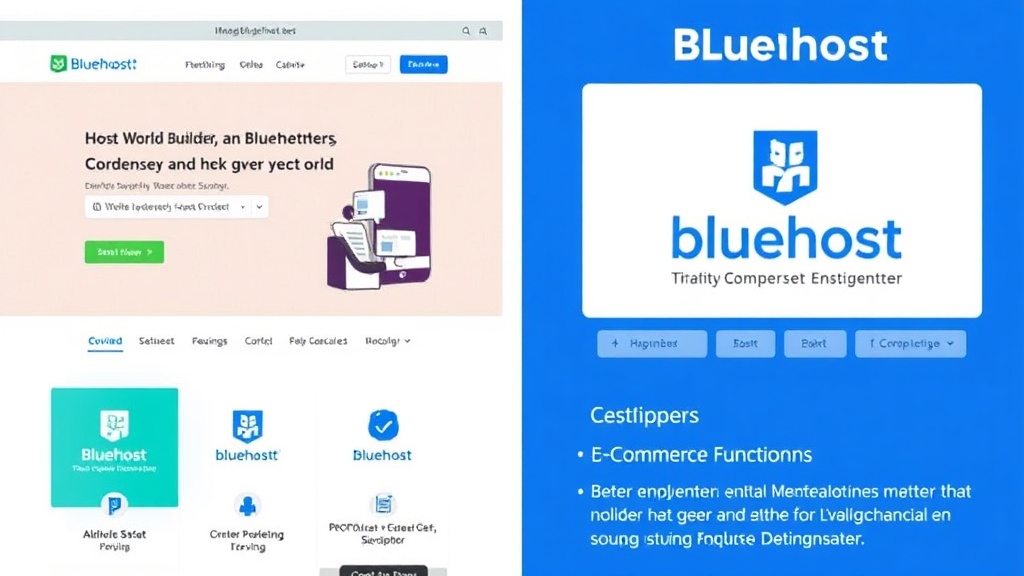 Zwei Webseiten-Management-Schnittstellen von Hostinger und Bluehost, die Website-Builder, E-Commerce-Funktionen und Sicherheitsoptionen präsentieren.