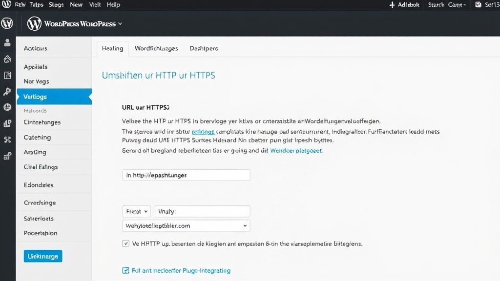 Bild einer WordPress-Dashboard-Oberfläche, die Einstellungen zur Umstellung von HTTP auf HTTPS zeigt, einschließlich der URL-Anpassungen und Plugin-Integration.