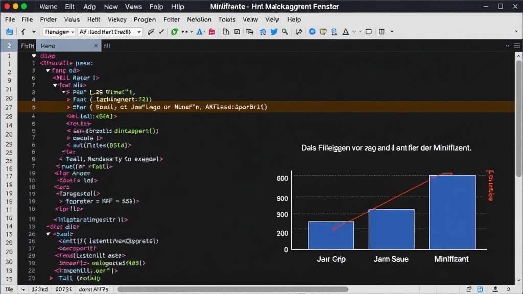 Darstellung eines Codeeditor-Fensters mit strukturiertem HTML, CSS und JavaScript, daneben ein Diagramm, das die Dateigrößen vor und nach der Minifizierung vergleicht.