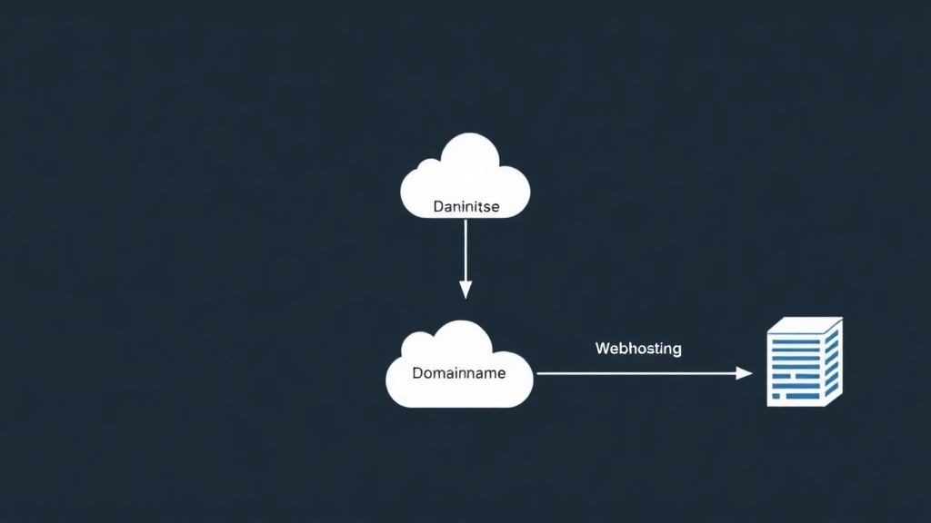 Diagramm, das den Zusammenhang zwischen Domainnamen, Webhosting und der Anfragenweiterleitung über das DNS zeigt, um die Website zugänglich zu machen.