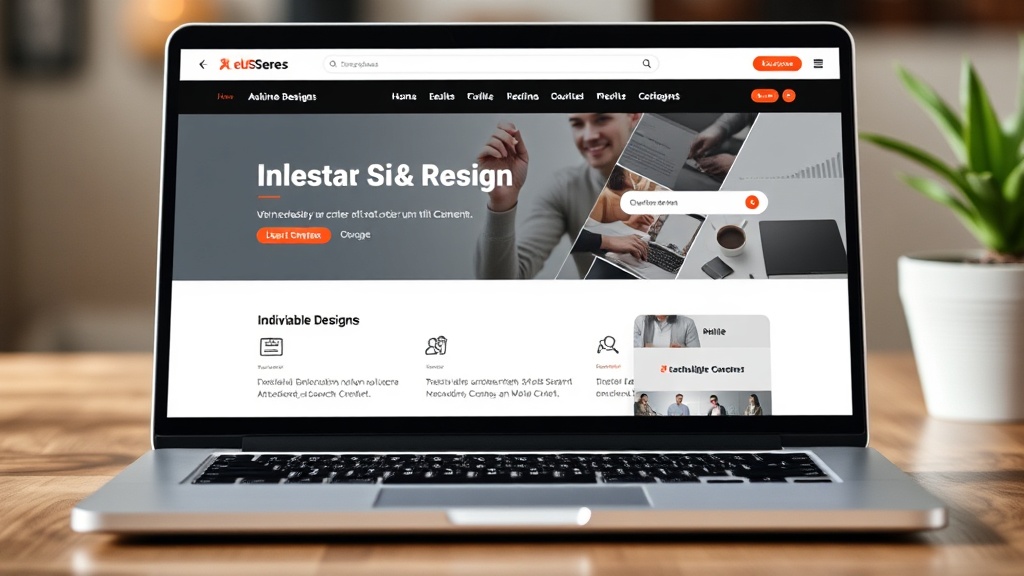 Gestaltete Unternehmenswebsite auf einem Laptop-Bildschirm, zeigt individuelle Designs, Kontaktmöglichkeiten und Online-Interaktionen mit Kunden.