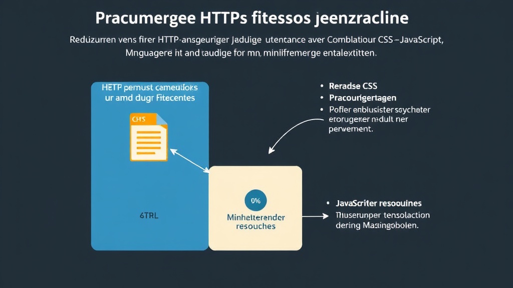 Grafik mit einem Diagramm, das die Reduzierung von HTTP-Anfragen durch Kombination von CSS- und JavaScript-Dateien sowie Minimierung externer Ressourcen veranschaulicht.