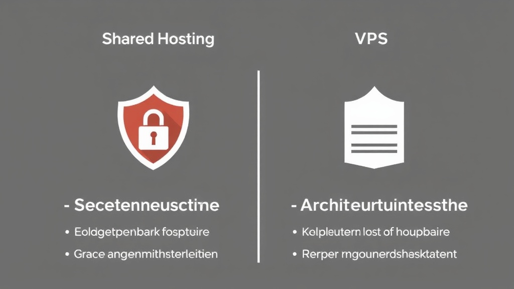 Grafische Darstellung eines Vergleichs zwischen Shared Hosting und VPS, wobei Sicherheitsaspekte und Architekturunterschiede hervorgehoben werden.