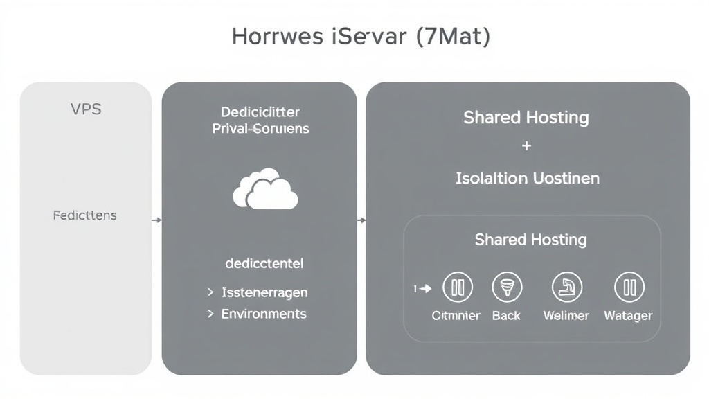 Grafische Darstellung eines Virtual Private Servers (VPS) mit den Abbildungen von dedizierten Ressourcen, isolierten Umgebungen und einer vergleichenden Übersicht zu Shared Hosting.
