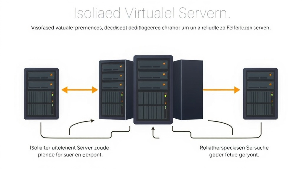 Grafische Darstellung eines Virtual Private Servers (VPS) mit isolierten virtuellen Servern, die dedizierte Ressourcen wie CPU und RAM nutzen, um eine zuverlässige Leistung zu gewährleisten.