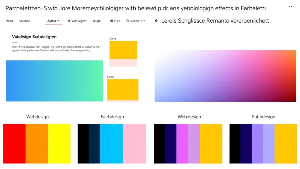 Grafische Darstellung eines Webdesigns mit verschiedenen Farbpaletten, die die psychologischen Effekte von Farben auf die Nutzererfahrung verdeutlicht.