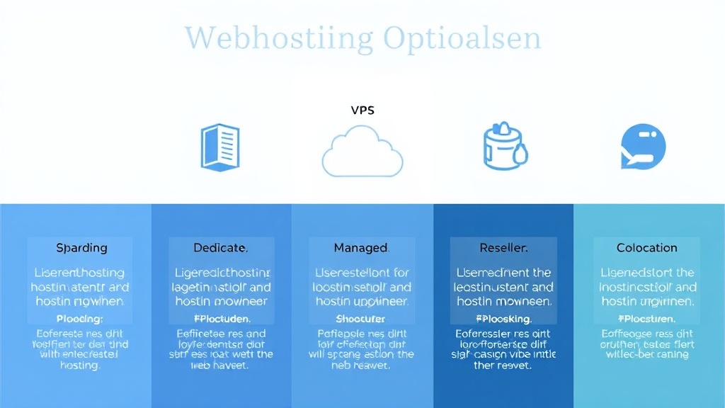 Grafische Übersicht der verschiedenen Webhosting-Optionen: Shared Hosting, VPS, Dedicated, Cloud, Managed, Reseller und Colocation, jeweils mit kurzen Erklärungen.
