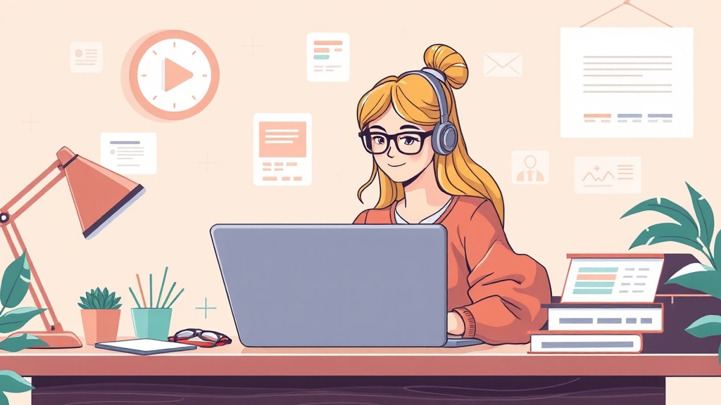 Illustration einer Webdesignerin, die an einem Laptop arbeitet, umgeben von Surfunterkünften, mit Fokus auf eine strukturierte, spezialisierte Webseite.