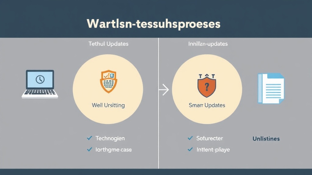 Illustration eines Wartungsprozesses für eine Website, die technische und inhaltliche Wartungsmaßnahmen zeigt, einschließlich Software-Updates, Sicherheitschecks und Inhaltspflege.