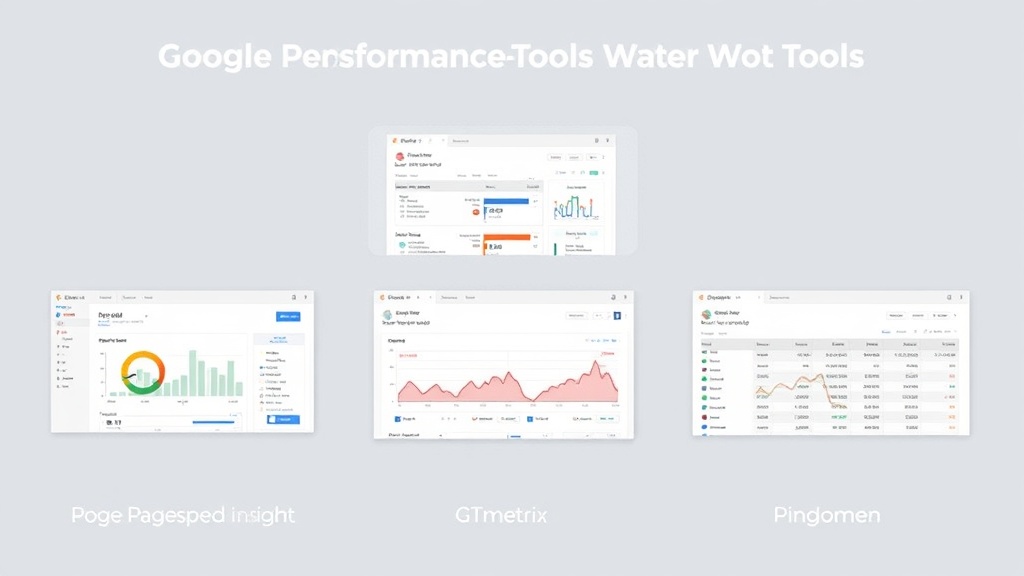 Illustration von Performance-Testing-Tools für Websites, einschließlich Screenshots von Google PageSpeed Insights, GTmetrix und Pingdom mit Diagrammen und Leistungsanalysen.
